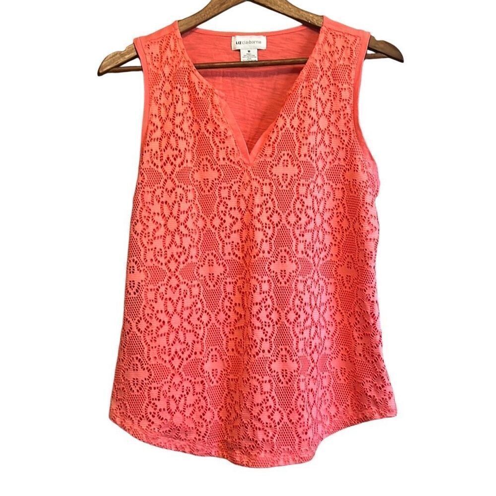 Liz Claiborne Coral‎ Sleeveless Lace Tank Top V-Neck Casual Blouse Medium